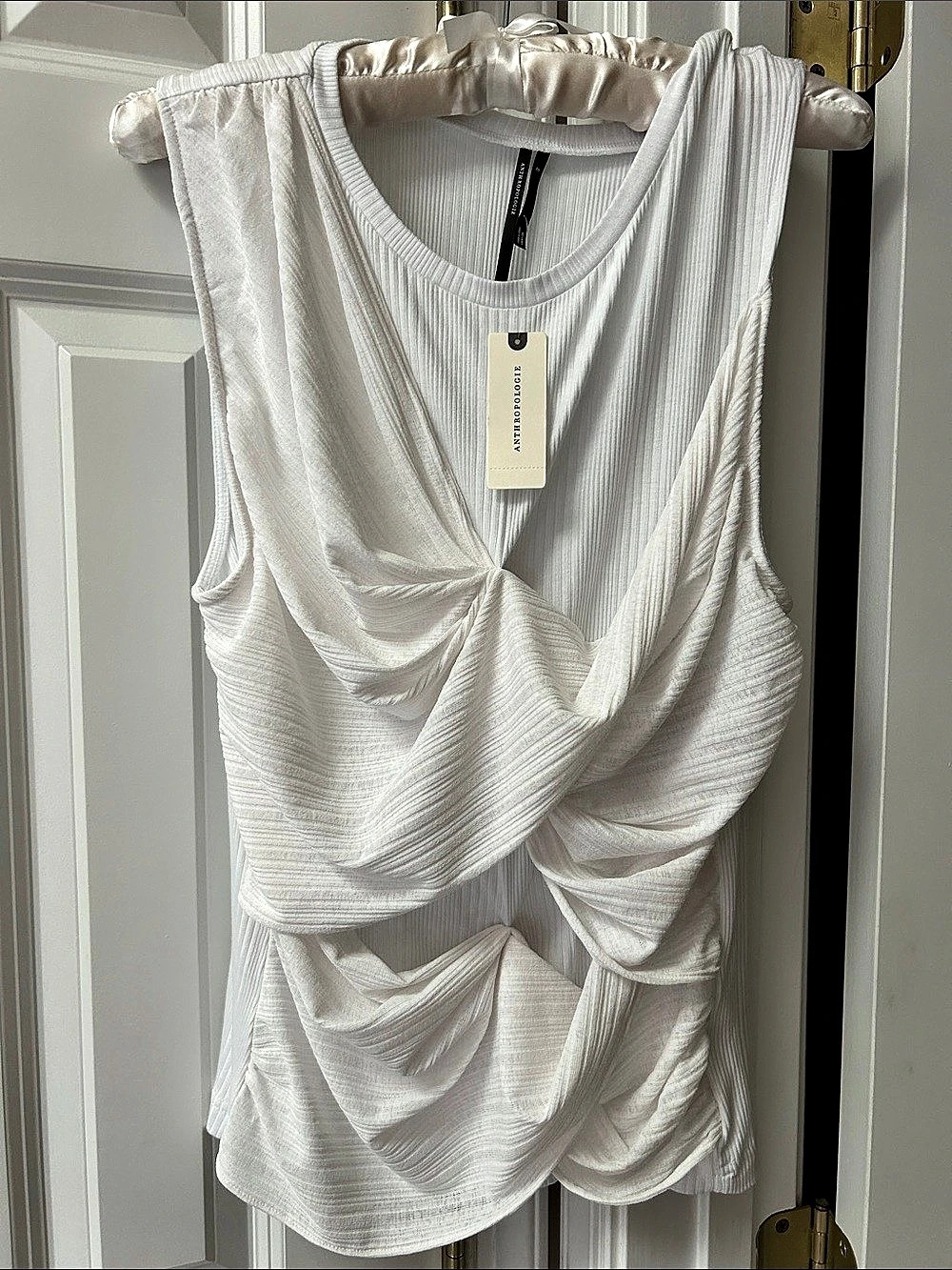 Anthropologie Ruched Tank Top in White XL NWT